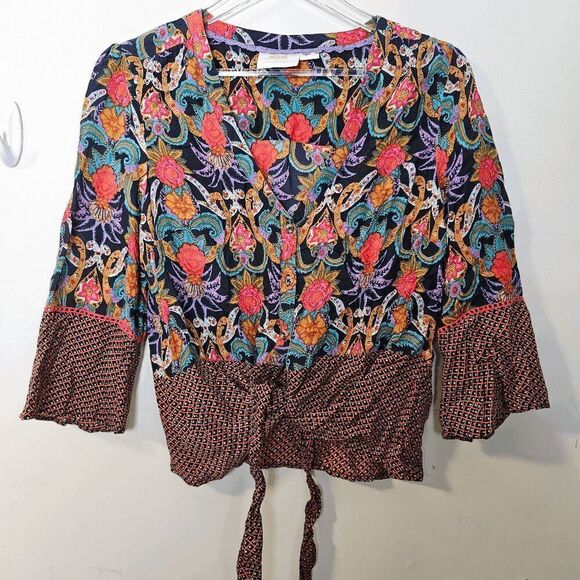 Anthropologie Tops - Anthropologie Maeve Carter Floral Tie Front Bell Sleeve Blouse Womens Multicolor